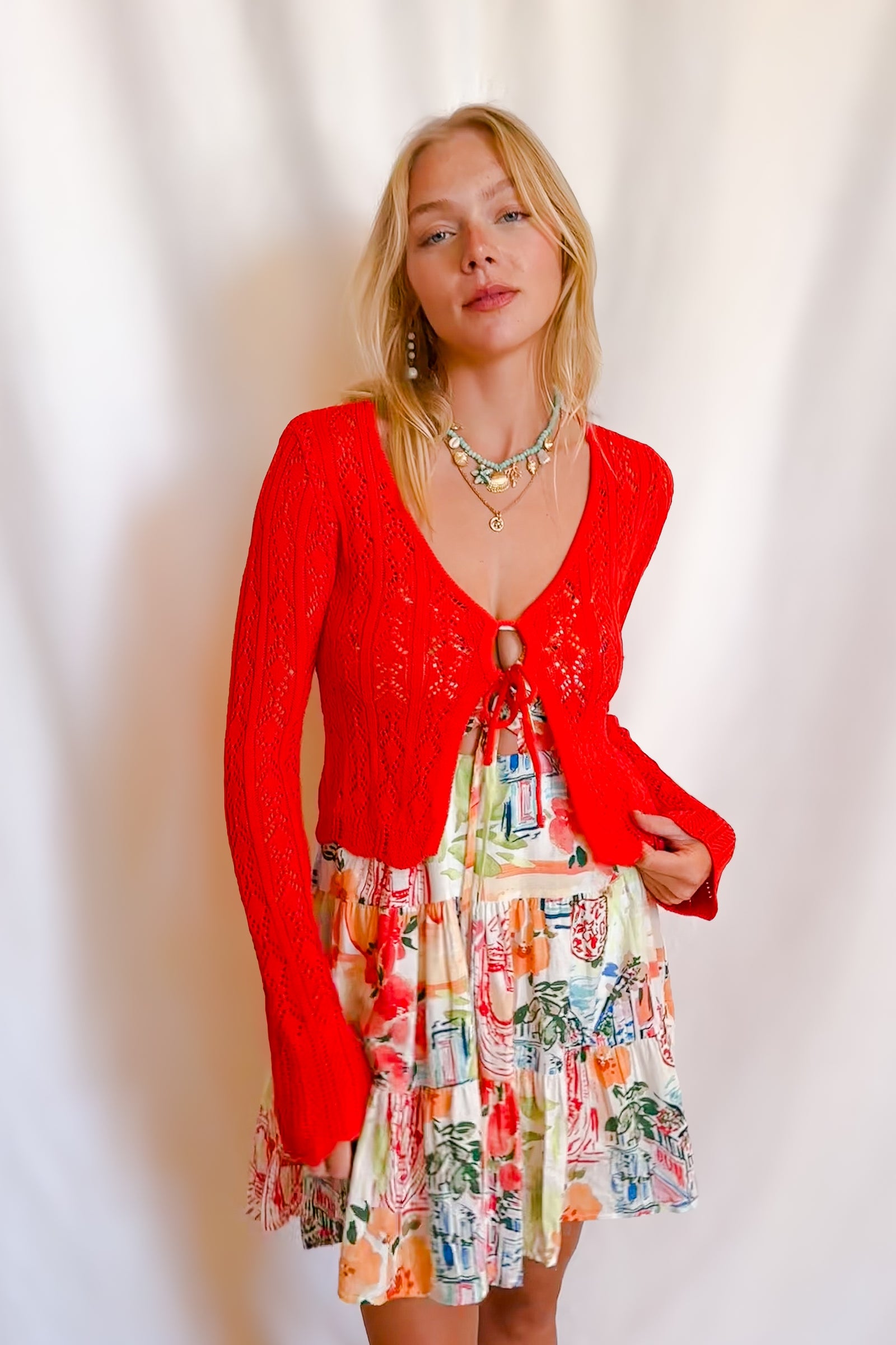 Light Detail Knit Tie Front Long Sleeve Top / Red