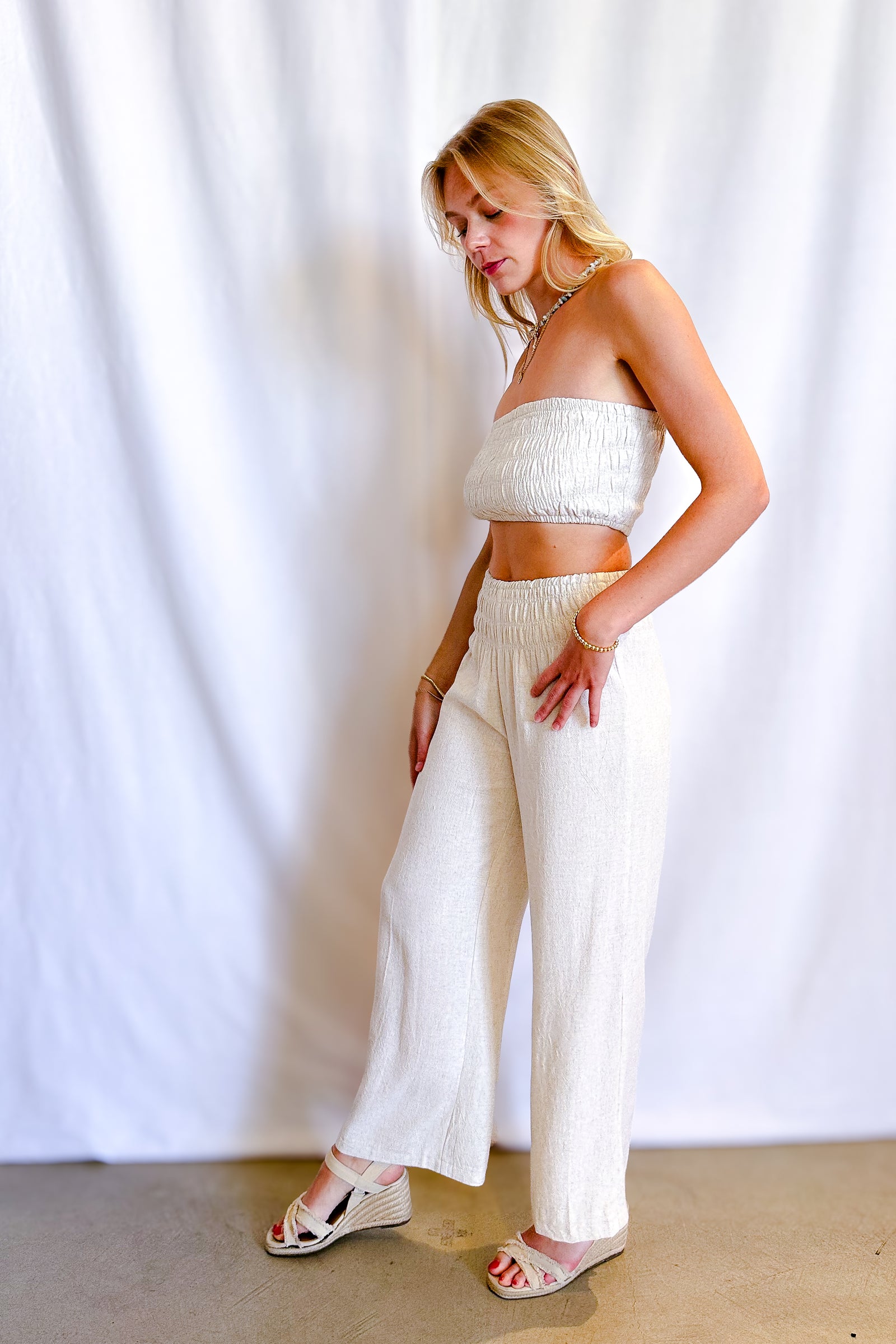 Simple Linen Smock Waist Wide Leg Pant / Natural