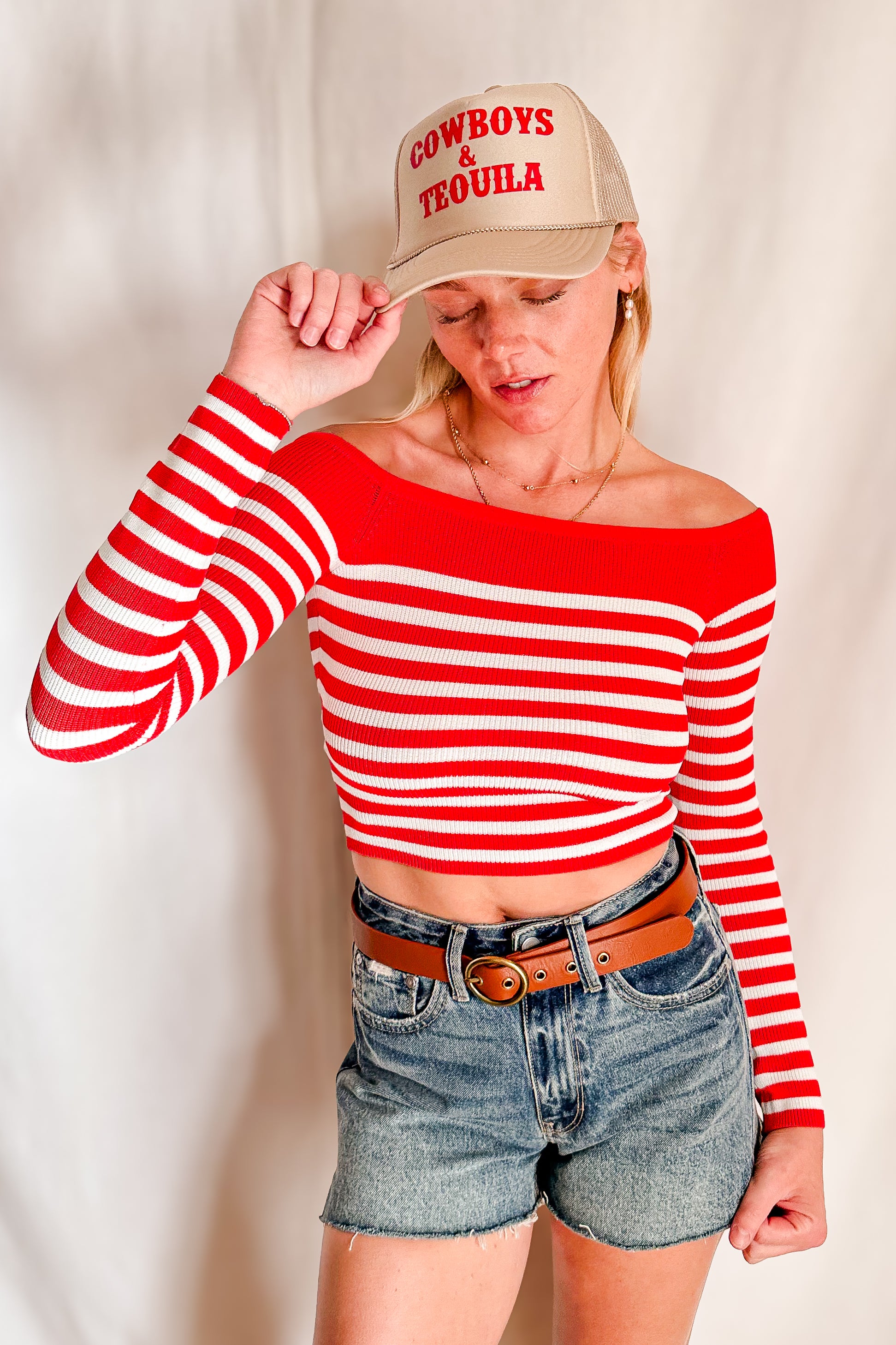 Knit Striped Off Shoulder Mid Sleeve Top / Coral