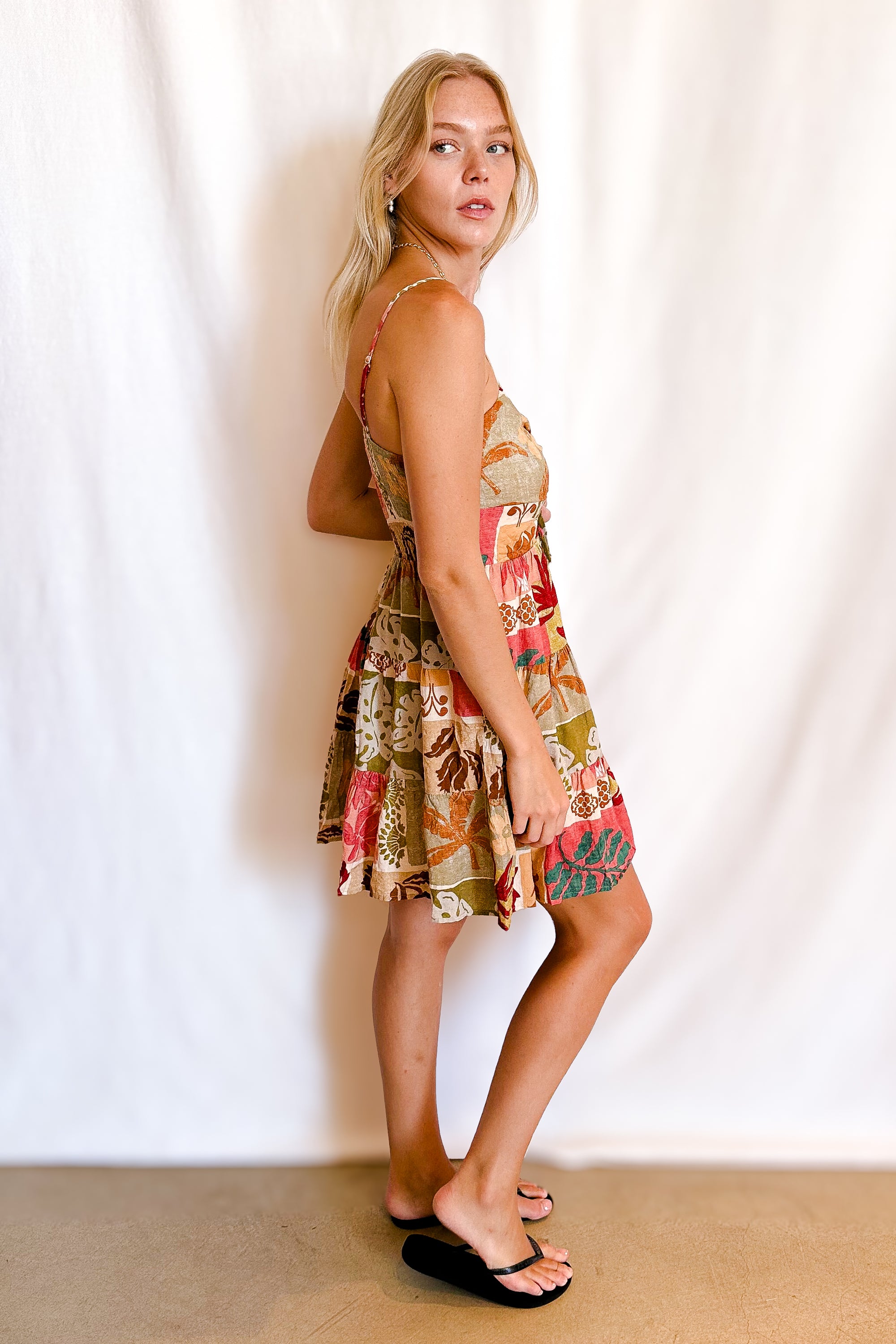 Rustic patchwork Lace Up Bust Tiered Short Cami Dress / Rust
