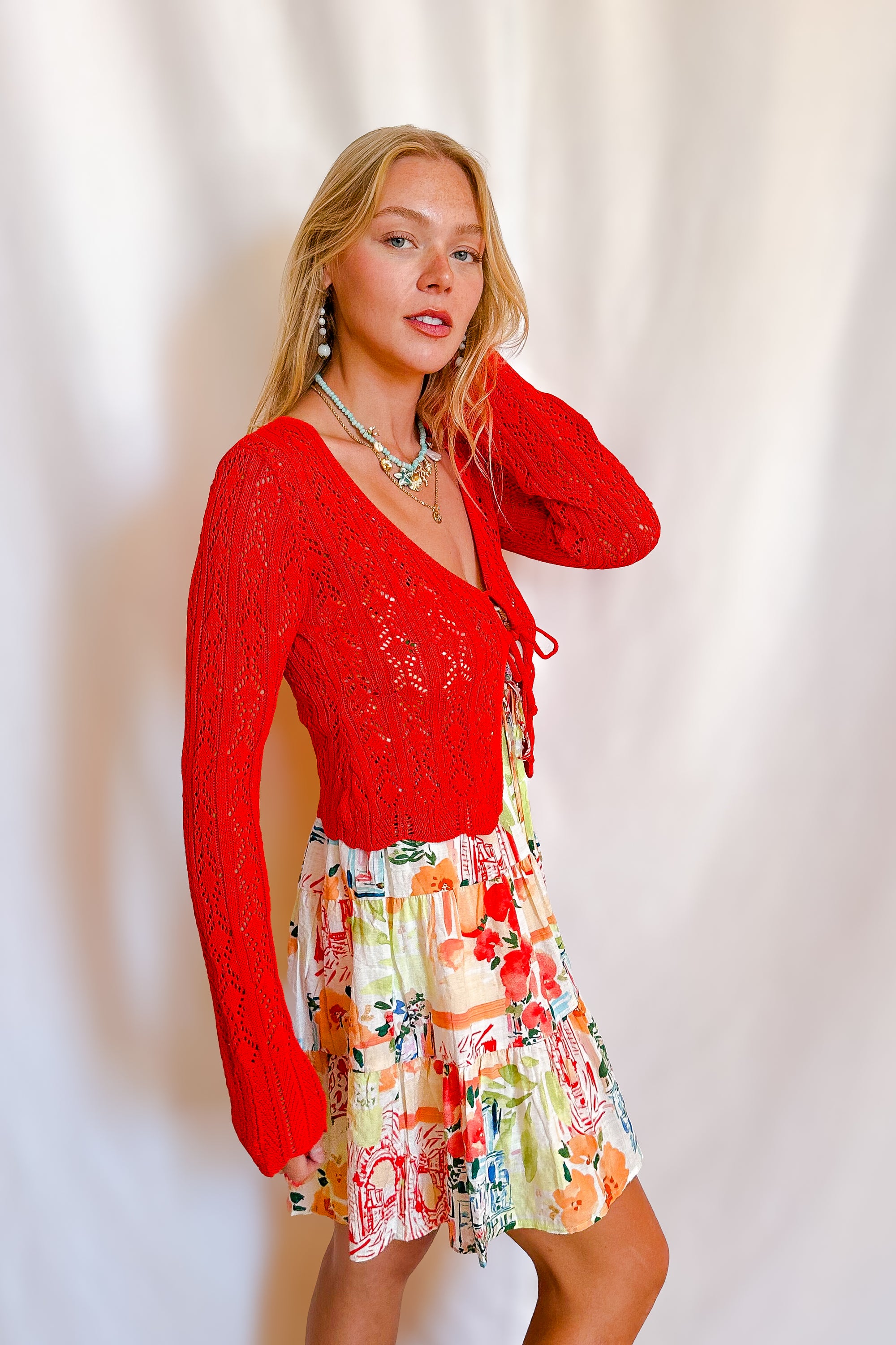 Light Detail Knit Tie Front Long Sleeve Top / Red