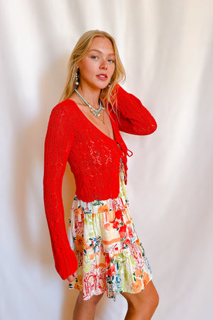 Light Detail Knit Tie Front Long Sleeve Top / Red