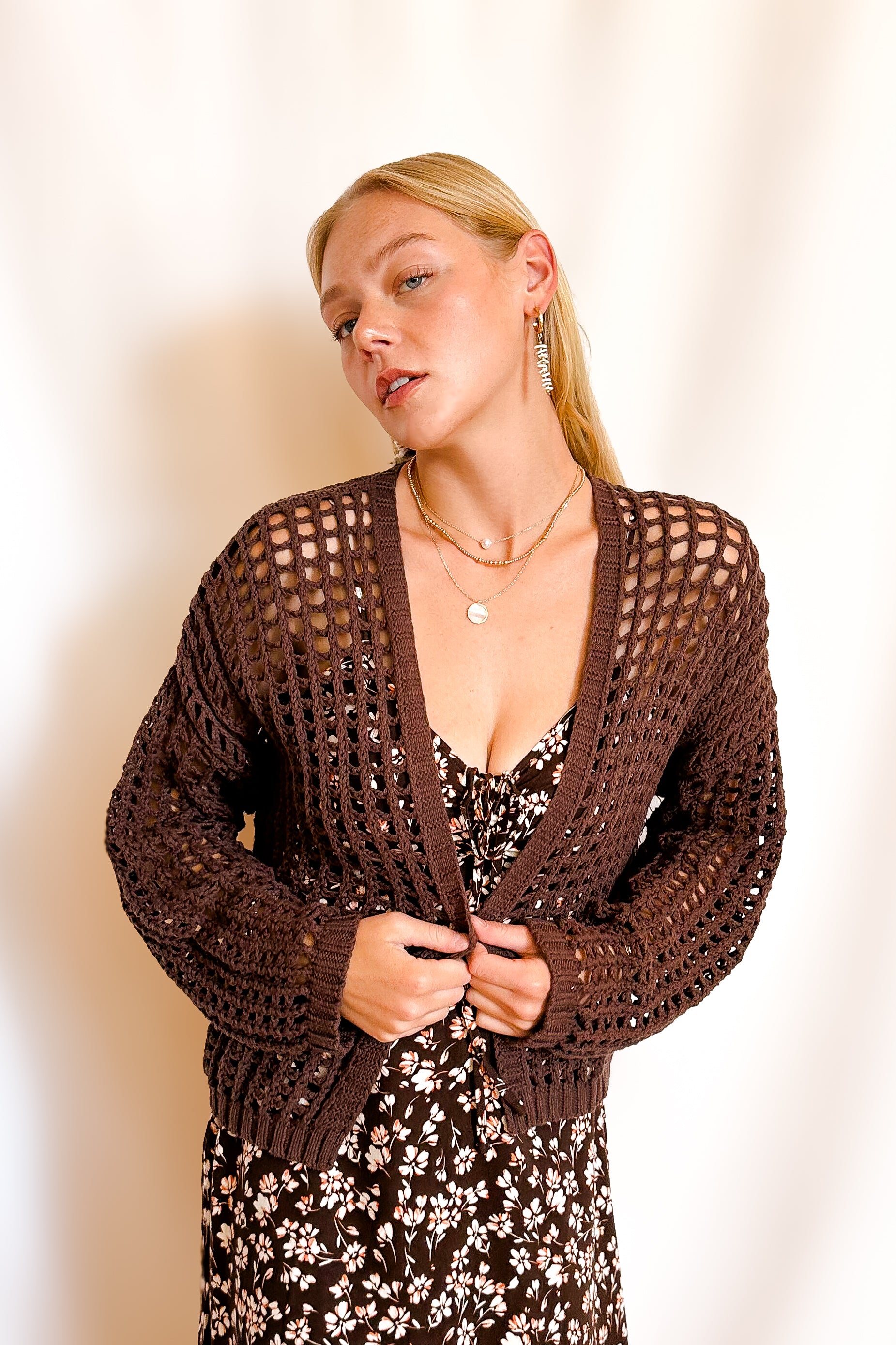 Crochet Waist Length Open Cardigan / Brown