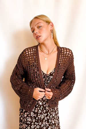 Crochet Waist Length Open Cardigan / Brown