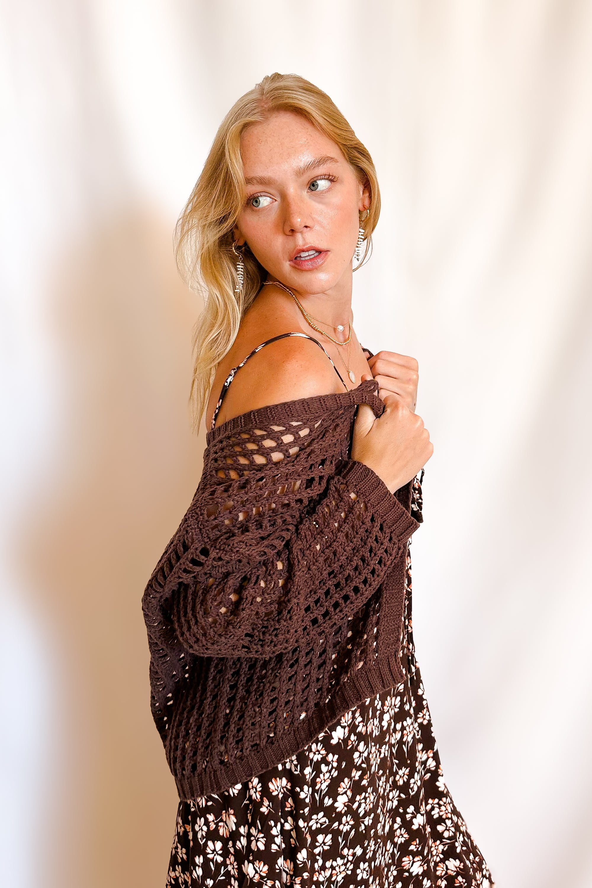 Crochet Waist Length Open Cardigan / Brown