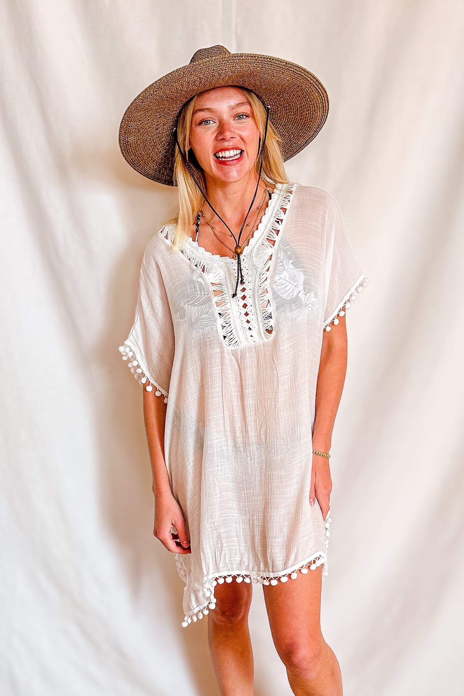 Crochet Pom Pom Detail Cover Up / White