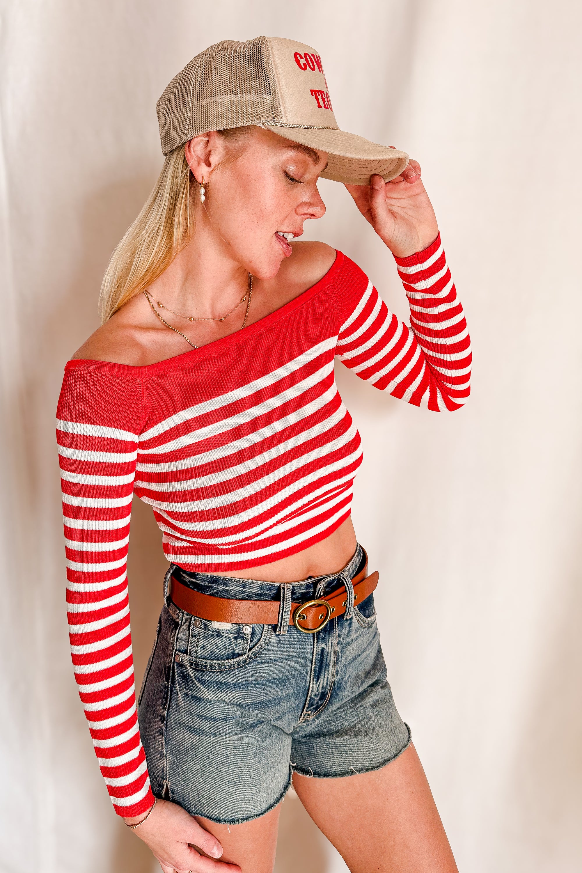 Knit Striped Off Shoulder Mid Sleeve Top / Coral