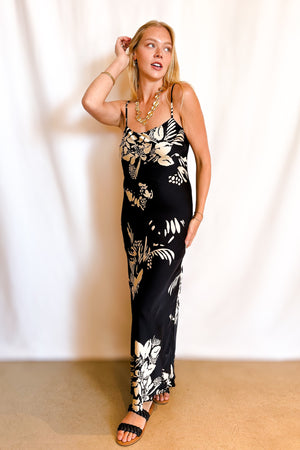 Satin Litho Floral Cami Maxi Dress / Black/Ivory