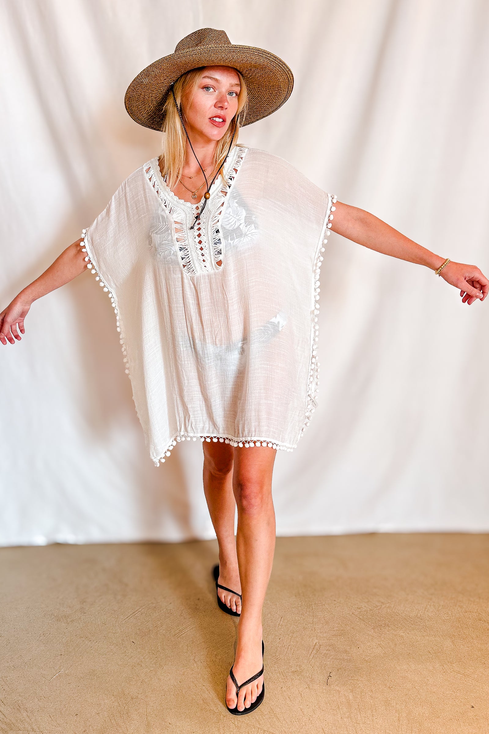 Crochet Neckline Short Cover Up Dress / White