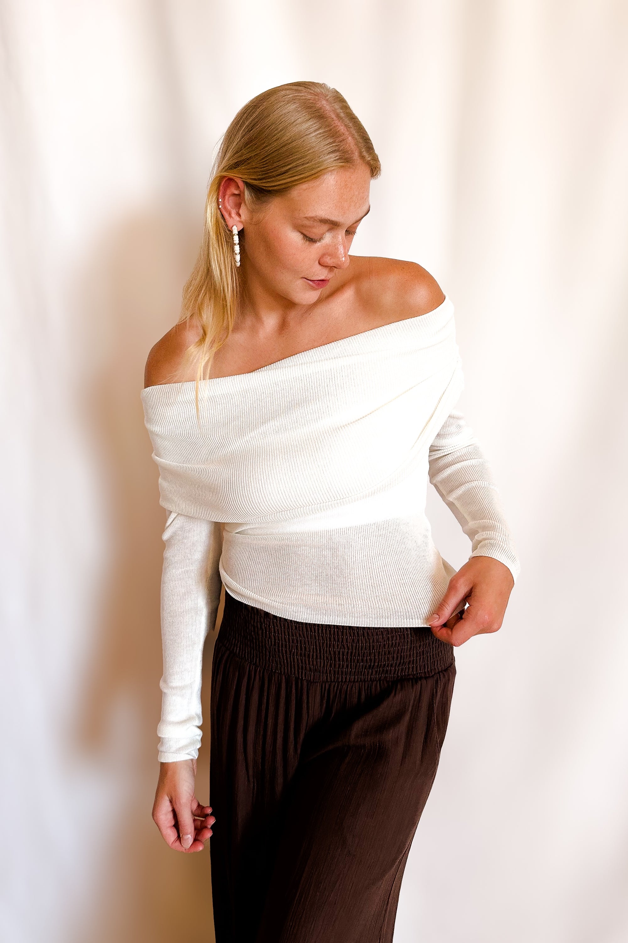 Knit Fold Down Off Shoulder Knit Long Sleeve Top / Ivory
