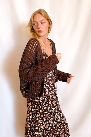 Crochet Waist Length Open Cardigan / Brown