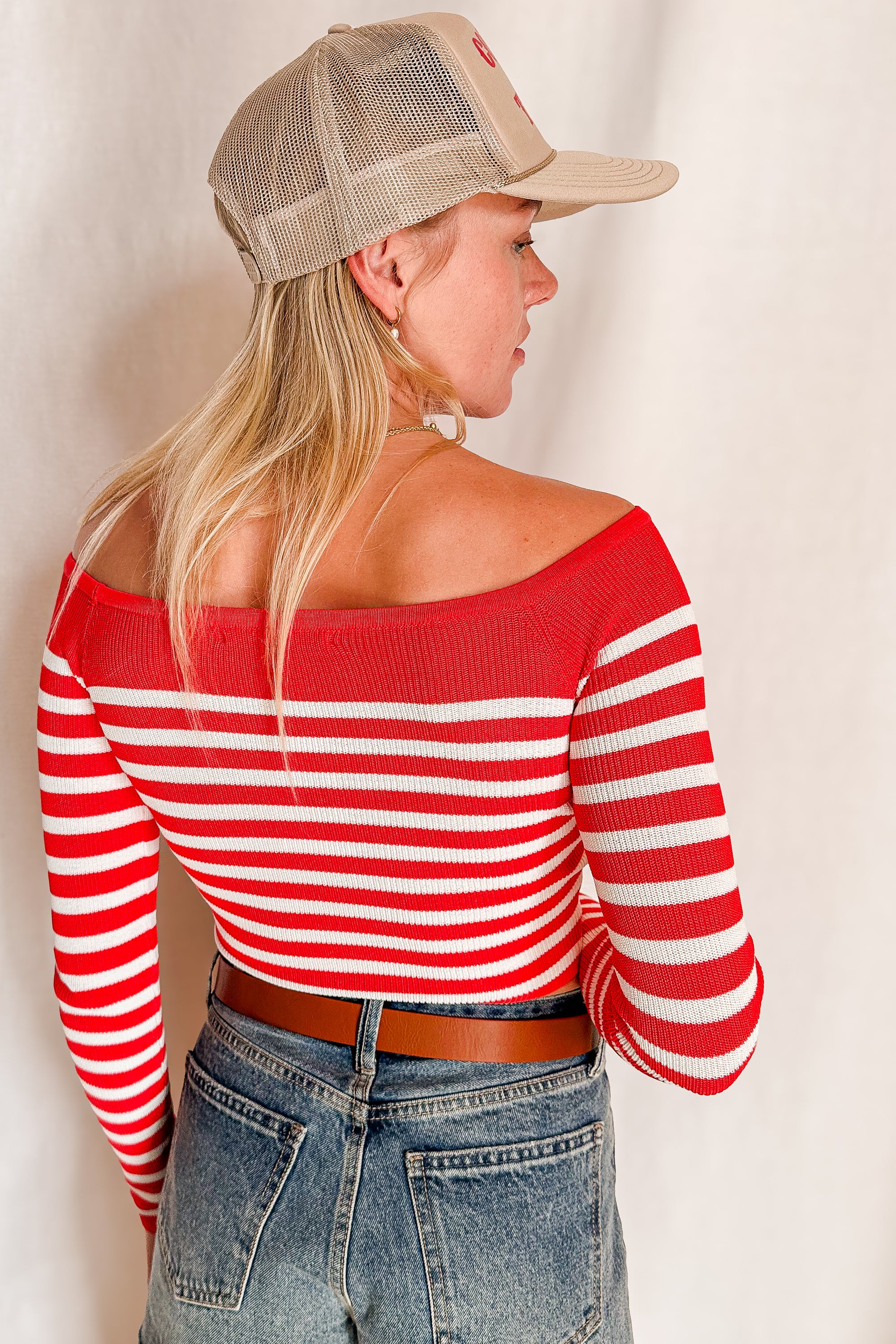 Knit Striped Off Shoulder Mid Sleeve Top / Coral