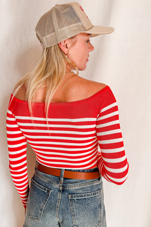 Knit Striped Off Shoulder Mid Sleeve Top / Coral