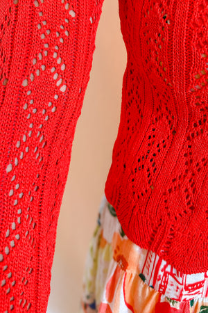 Light Detail Knit Tie Front Long Sleeve Top / Red