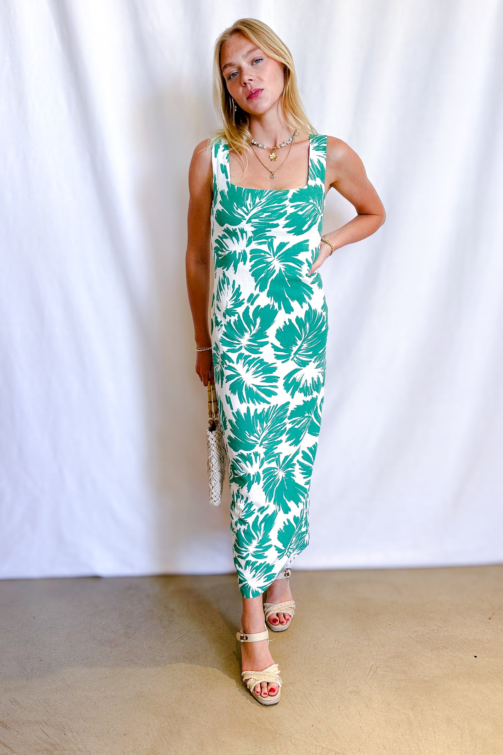Linen Brush Palm Tank Maxi Dress / Green