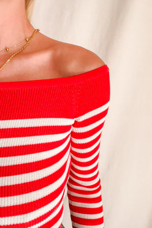 Knit Striped Off Shoulder Mid Sleeve Top / Coral