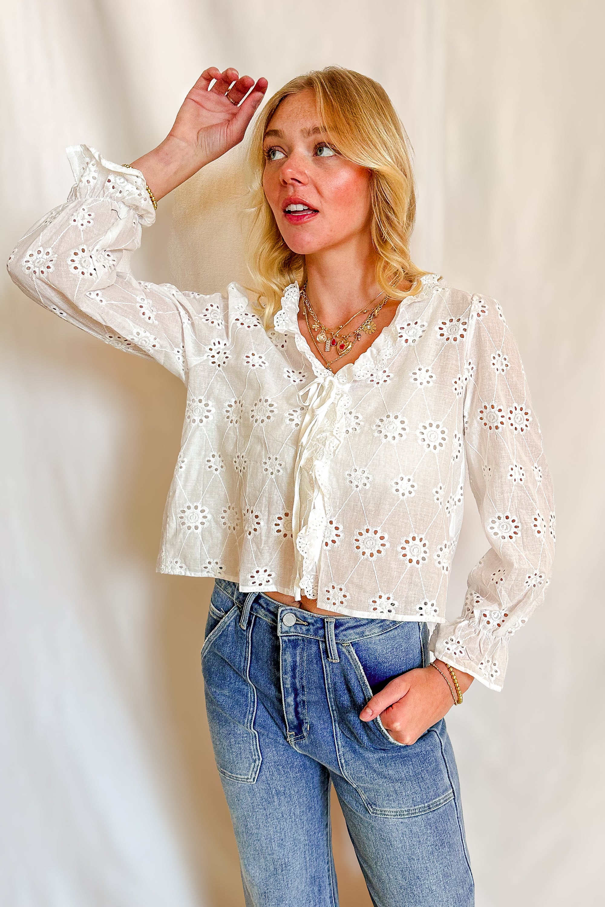 Eyelet Ruffle Front Blouse/ White