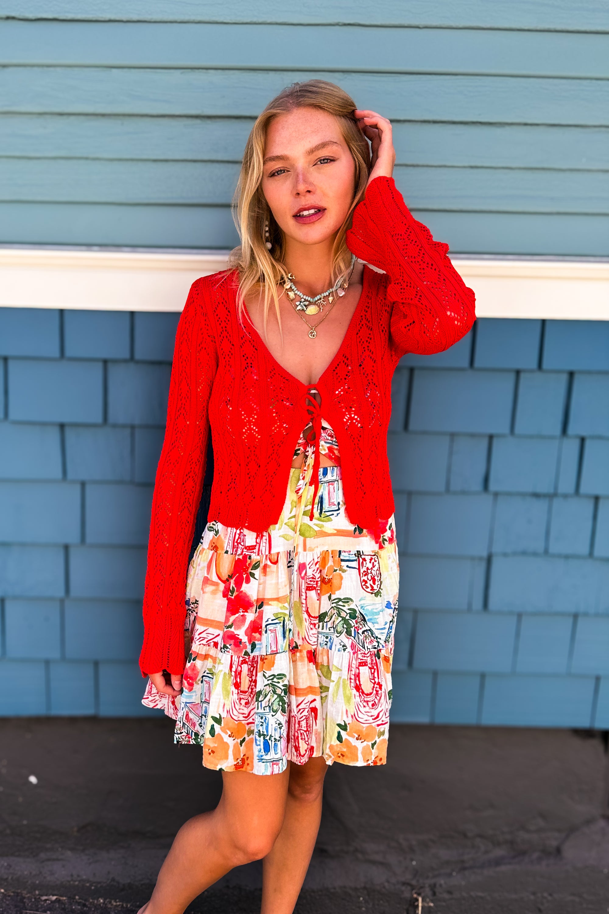 Light Detail Knit Tie Front Long Sleeve Top / Red