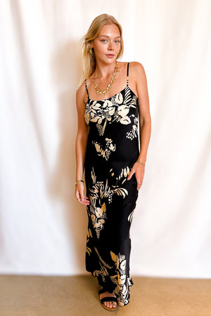 Satin Litho Floral Cami Maxi Dress / Black/Ivory