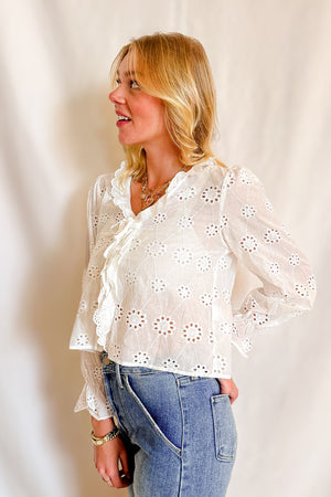 Eyelet Ruffle Front Blouse/ White