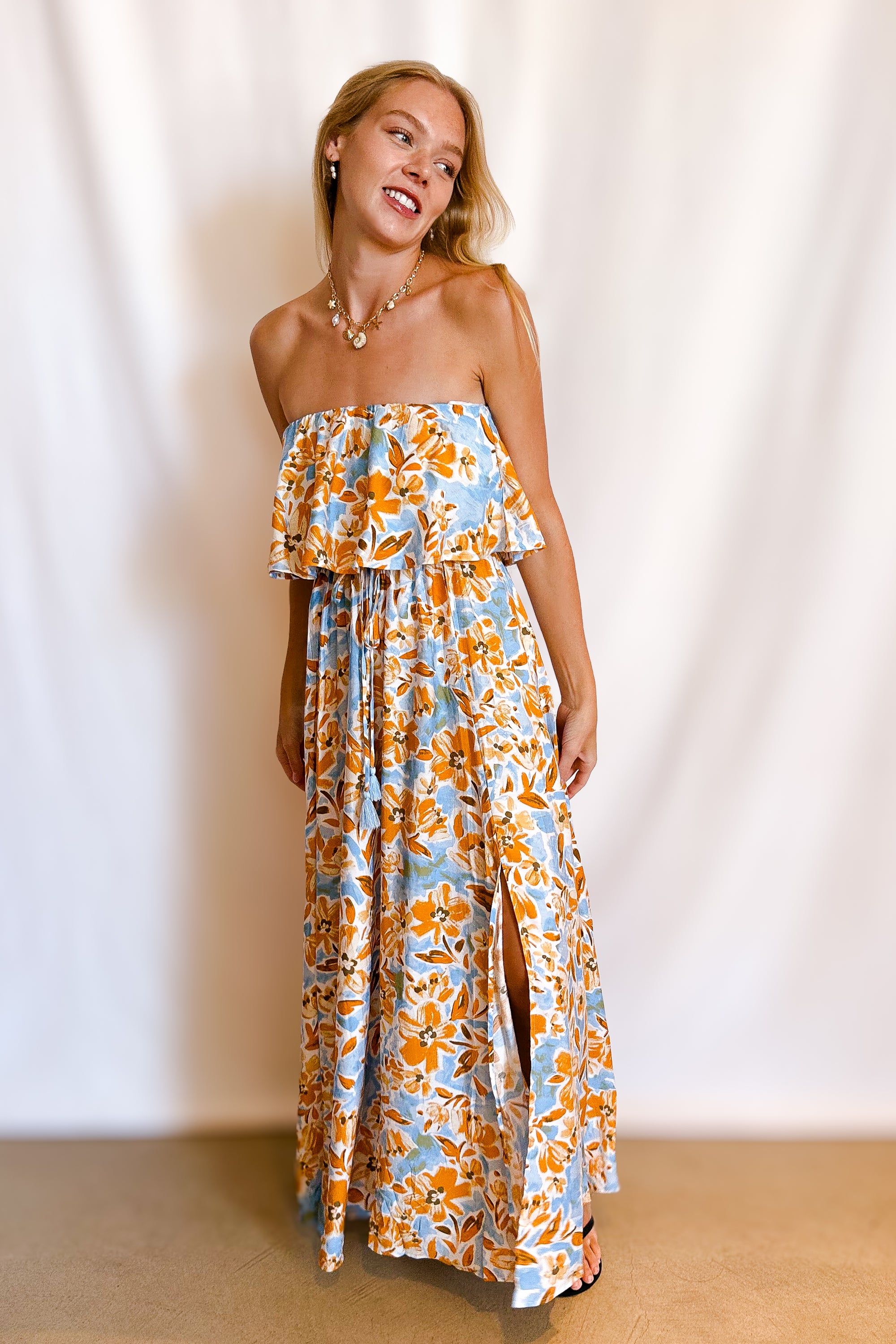 Golden Blue Floral Ruffle Top Maxi Dress / Ivory