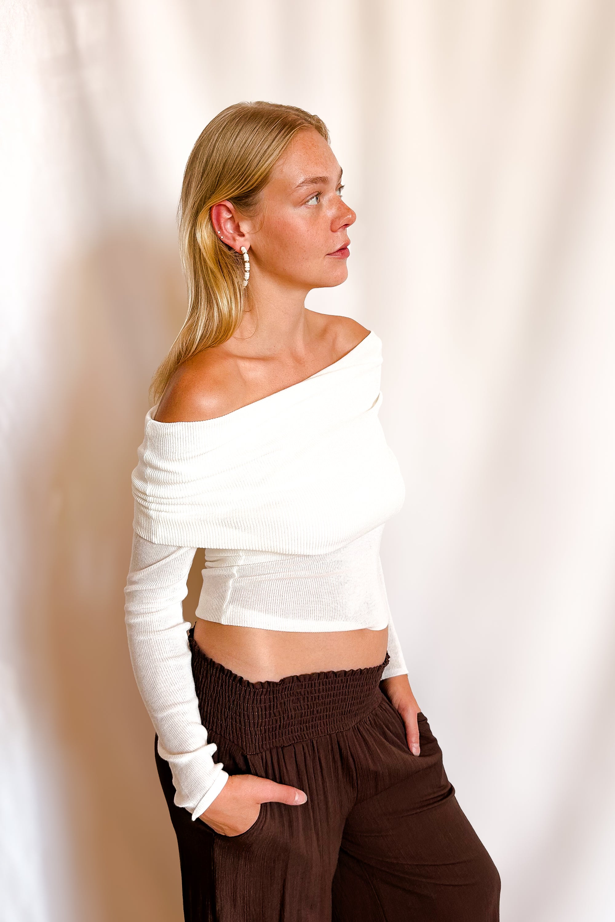 Knit Fold Down Off Shoulder Knit Long Sleeve Top / Ivory