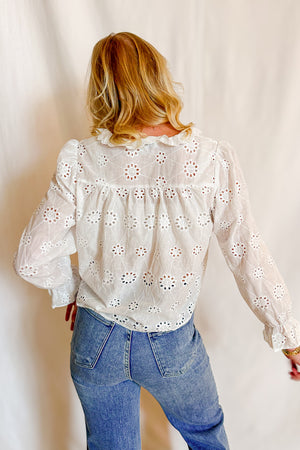 Eyelet Ruffle Front Blouse/ White