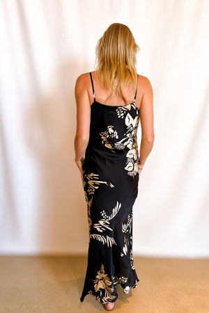 Satin Litho Floral Cami Maxi Dress / Black/Ivory