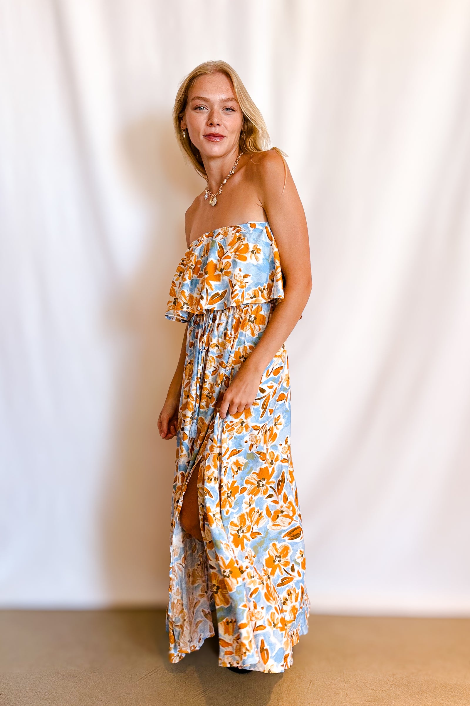 Golden Blue Floral Ruffle Top Maxi Dress / Ivory
