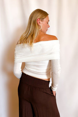 Knit Fold Down Off Shoulder Knit Long Sleeve Top / Ivory
