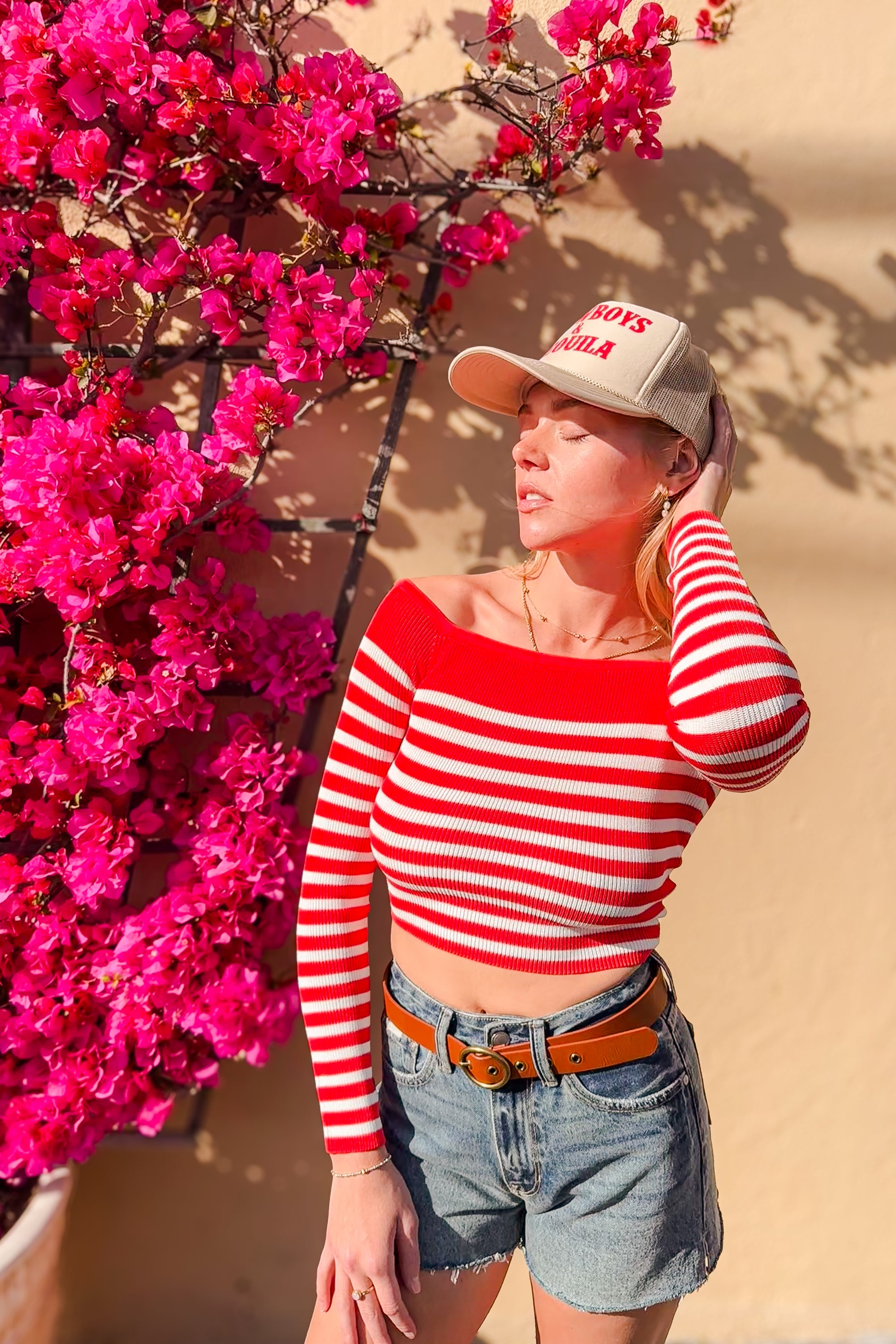 Knit Striped Off Shoulder Mid Sleeve Top / Coral