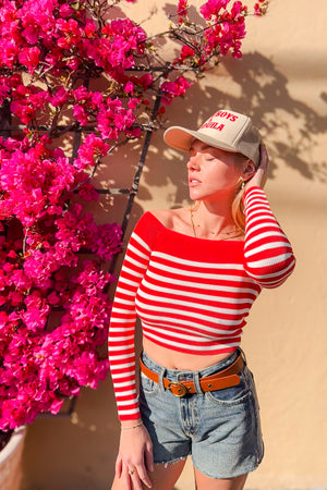 Knit Striped Off Shoulder Mid Sleeve Top / Coral