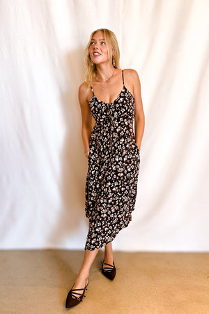 Small Floral Smock Bust Tulip Hem Midi Dress / Brown