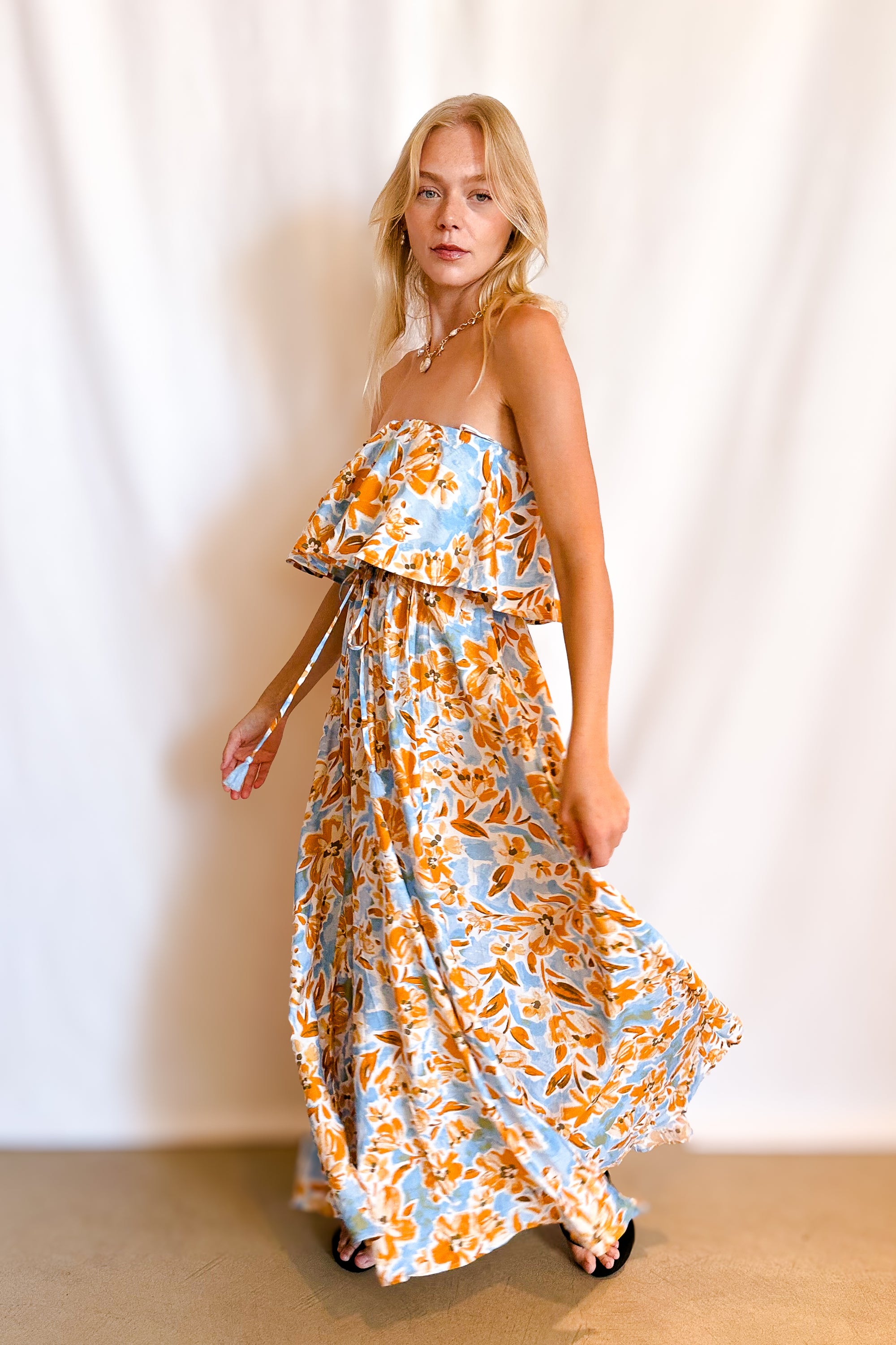 Golden Blue Floral Ruffle Top Maxi Dress / Ivory