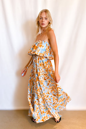 Golden Blue Floral Ruffle Top Maxi Dress / Ivory
