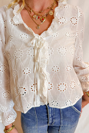 Eyelet Ruffle Front Blouse/ White