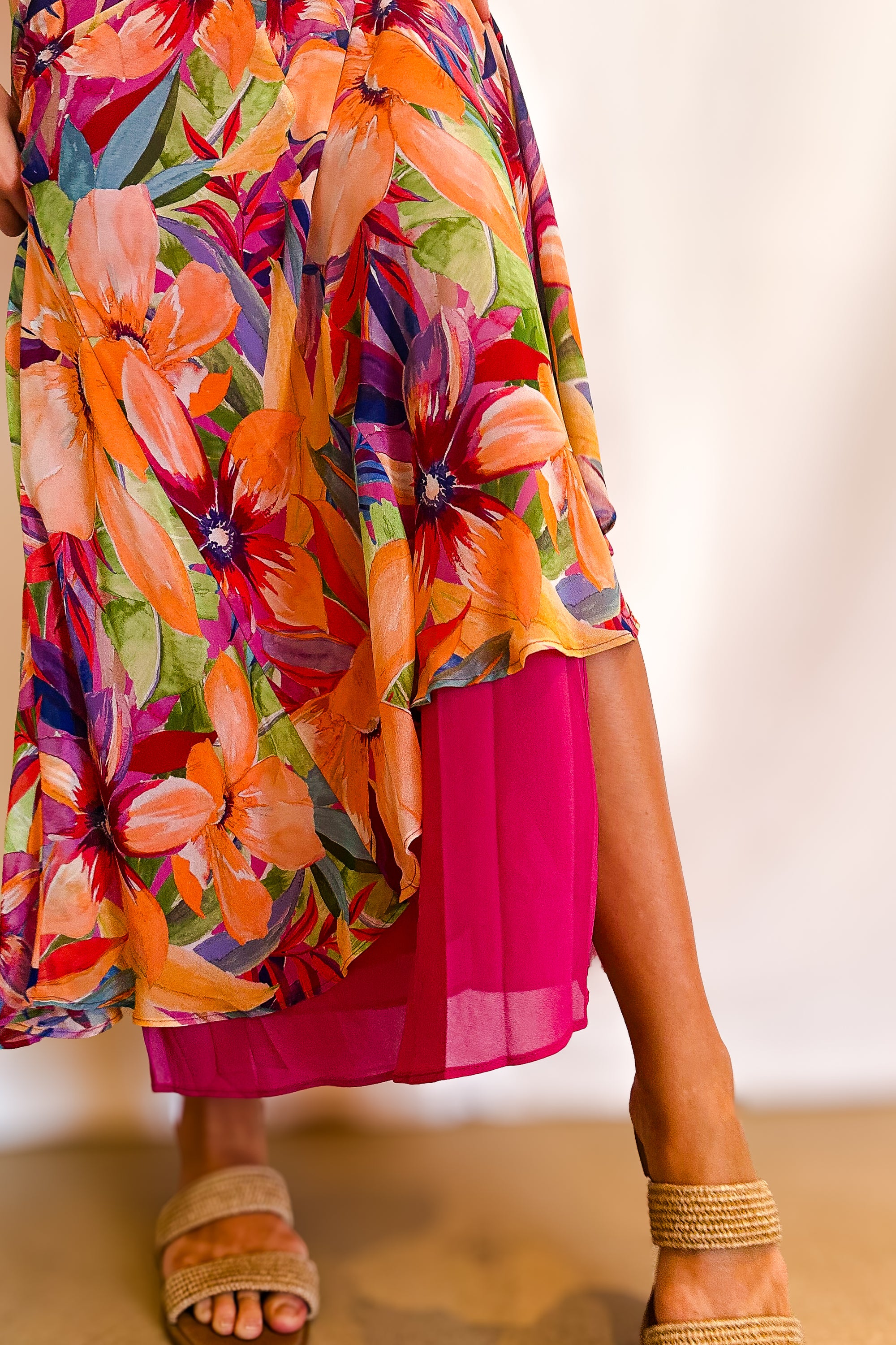 Tropical Chiffon Mermaid Maxi Dress / Coral