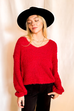 Fluffy V-Neck Sweater / Red