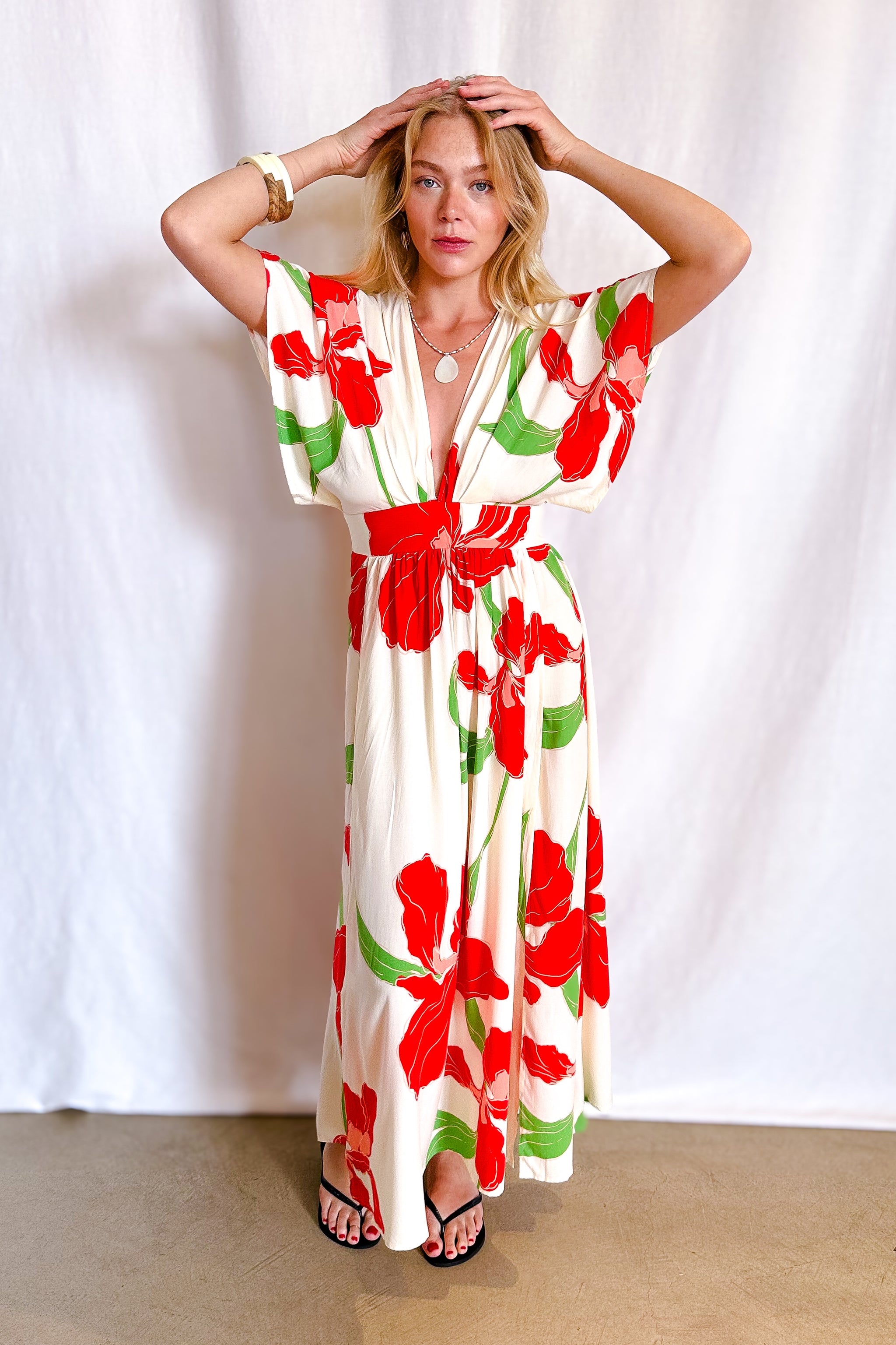 Orange Floral Kimono Slit Maxi Dress / Natural Orange Floral Kimono Slit Maxi Dress / Natural