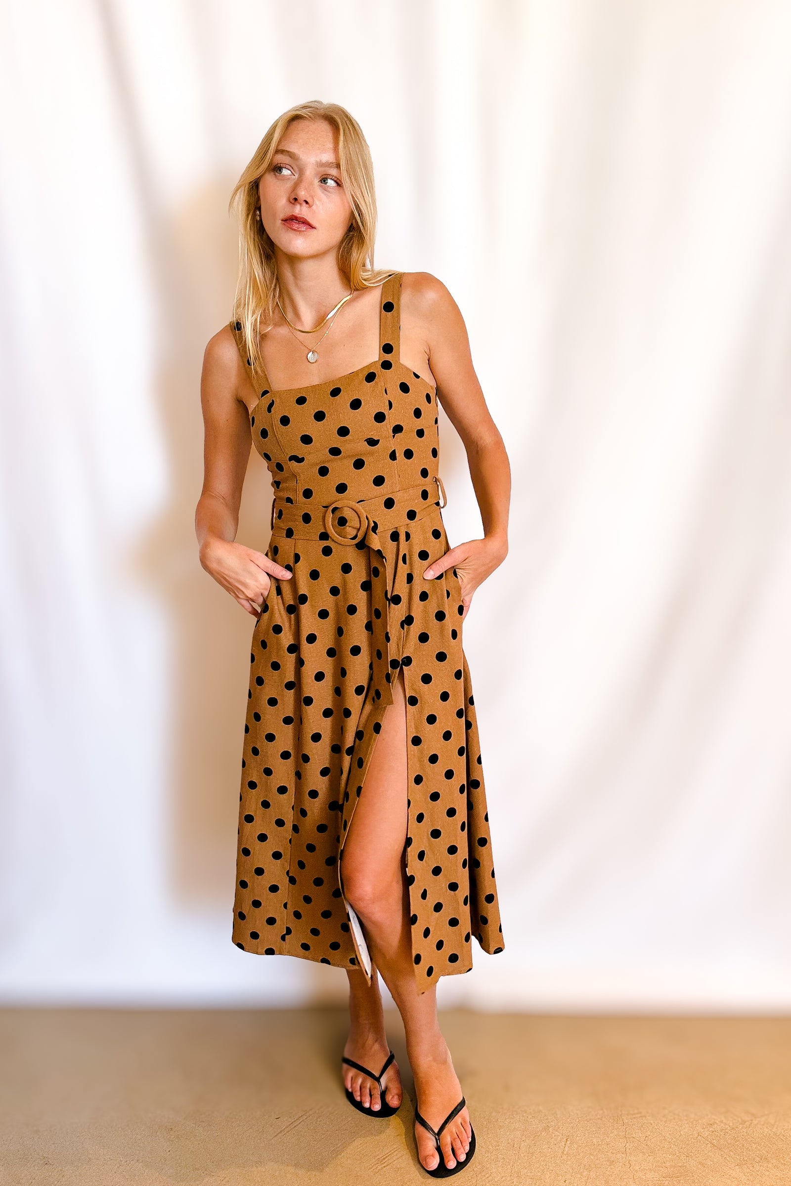 Polka Dot Linen Belted Tank Dress / Brown