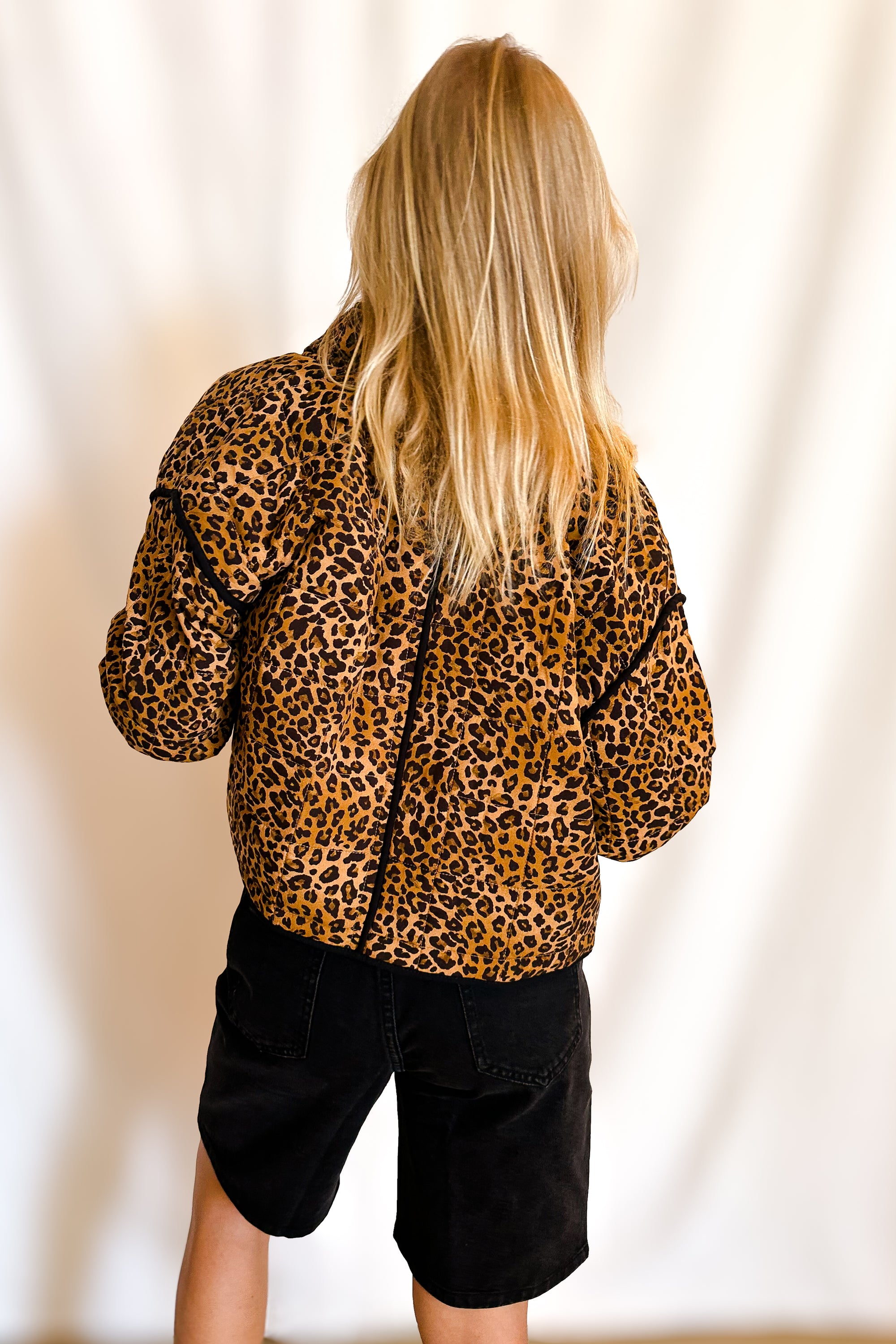 Quilted Leopard Button Down Puffer Jacket / Brown