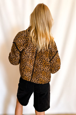 Quilted Leopard Button Down Puffer Jacket / Brown