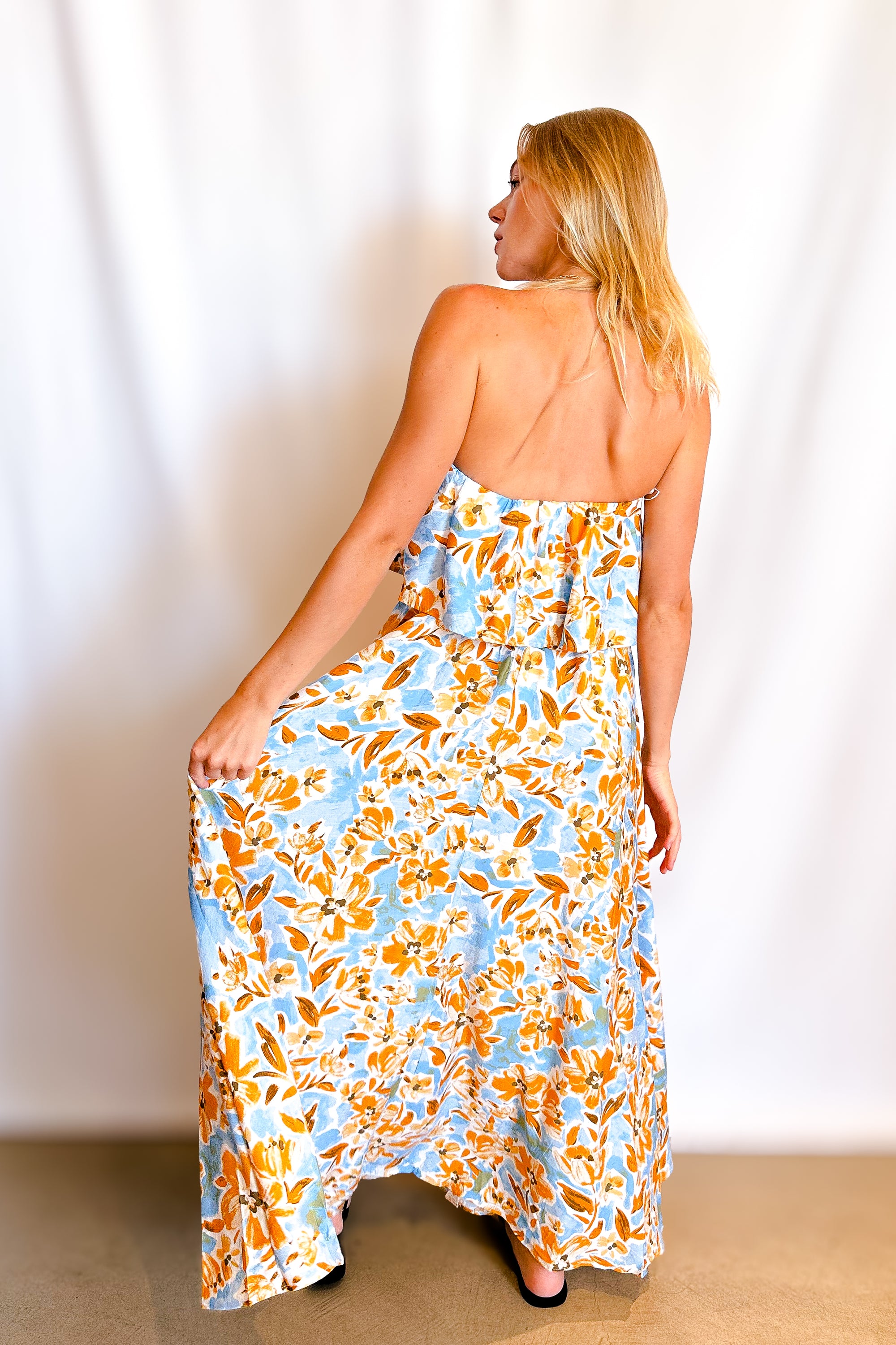 Golden Blue Floral Ruffle Top Maxi Dress / Ivory