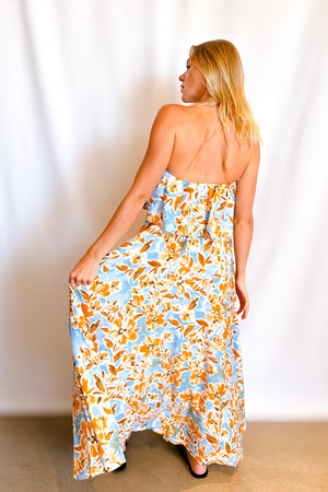 Golden Blue Floral Ruffle Top Maxi Dress / Ivory