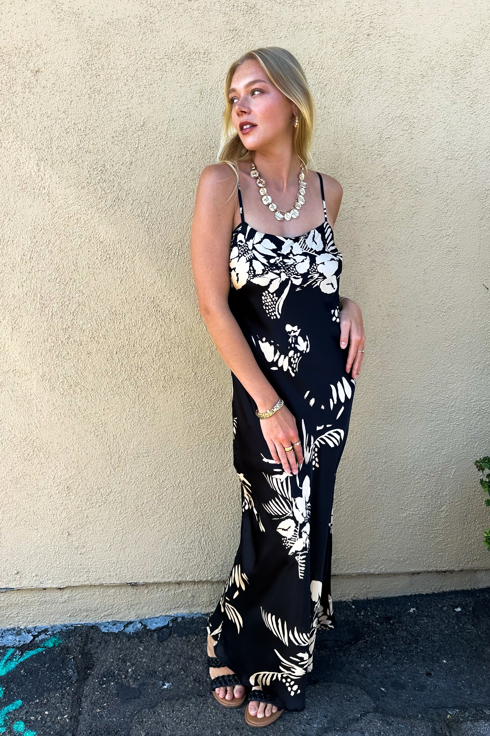 Satin Litho Floral Cami Maxi Dress / Black/Ivory