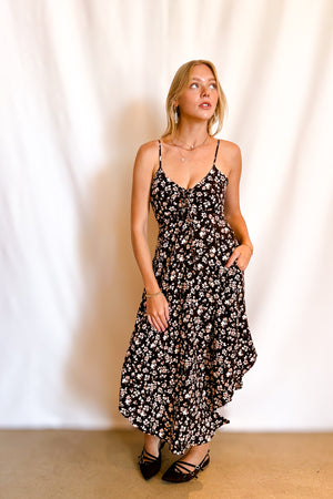 Small Floral Smock Bust Tulip Hem Midi Dress / Brown