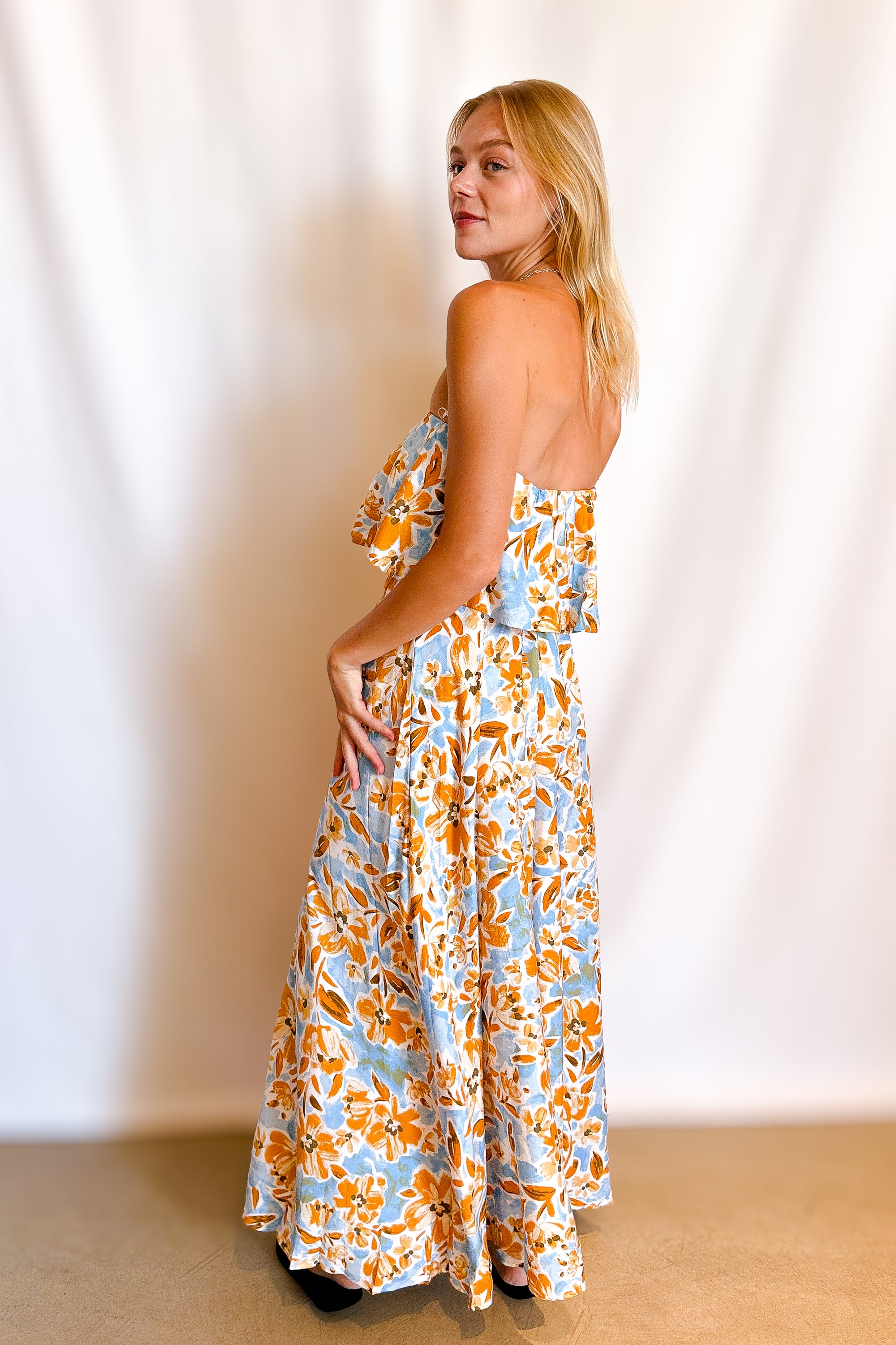 Golden Blue Floral Ruffle Top Maxi Dress / Ivory