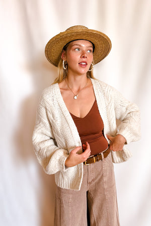 Soft Cable Knit Open Mid Length Cardigan / Cream