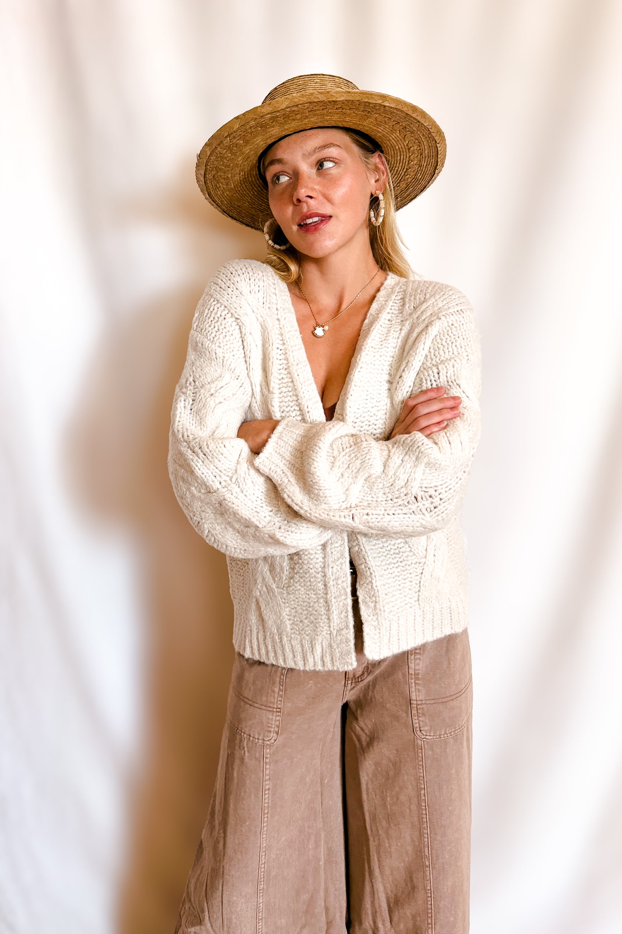 Soft Cable Knit Open Mid Length Cardigan / Cream