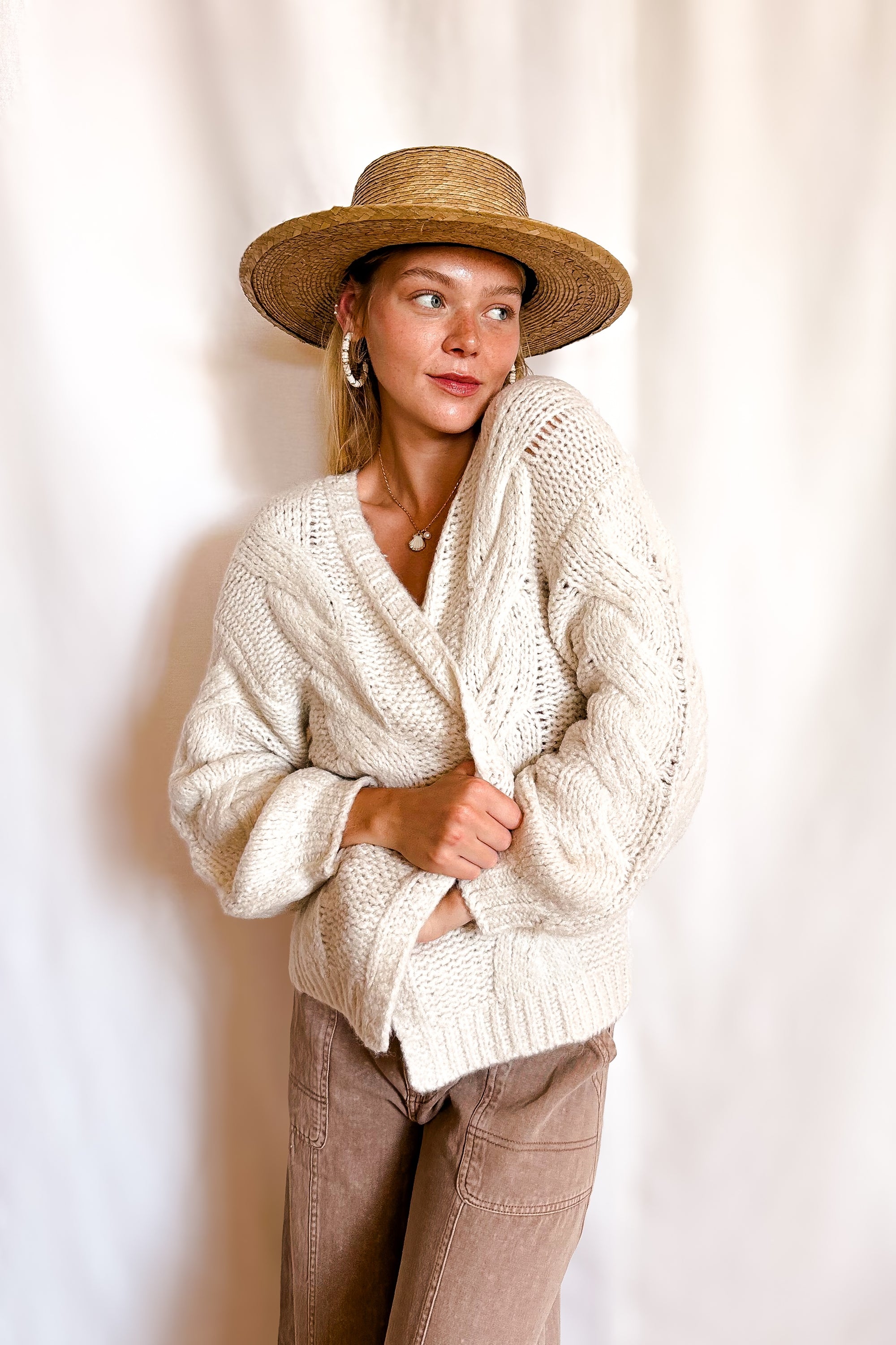 Soft Cable Knit Open Mid Length Cardigan / Cream